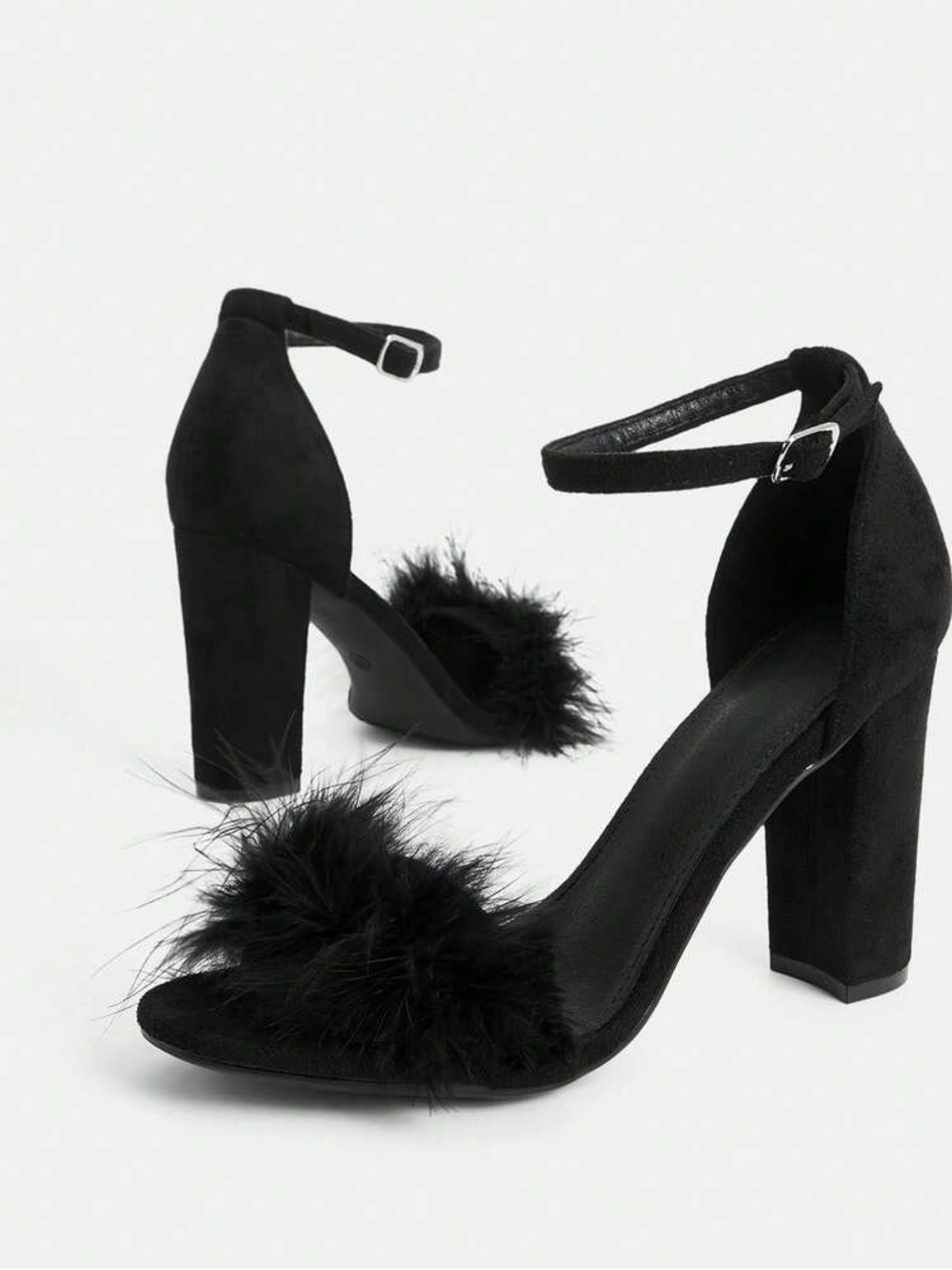 Black Feather-Trim Ankle-Strap Women’s Heels